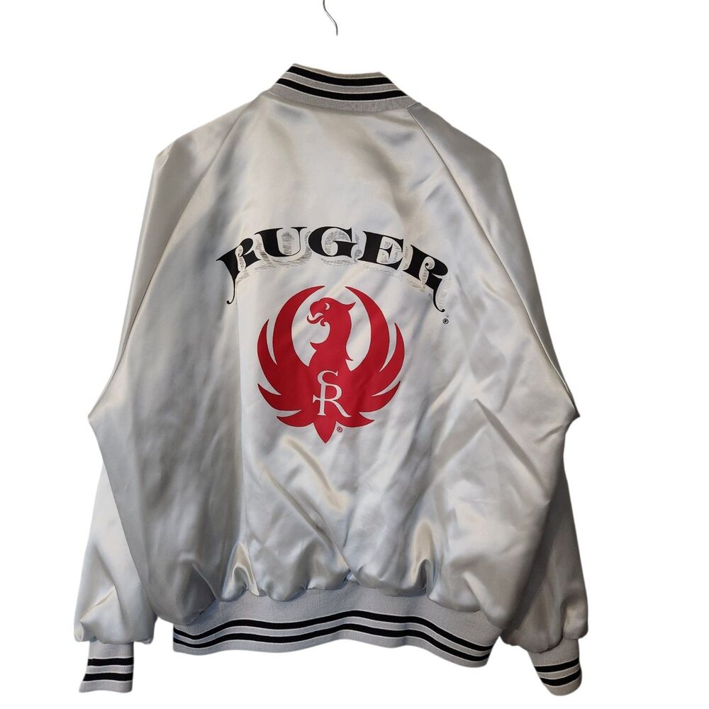 Vintage 80s Pla-Jac by Dunbrooke RUGER logo Gray Nylon Snap Bomber Jacket Sz XL